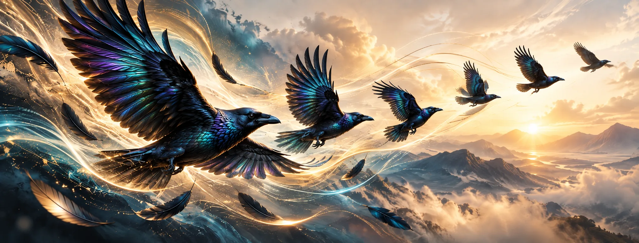 Iridescent ravens flying over misty mountains at sunrise